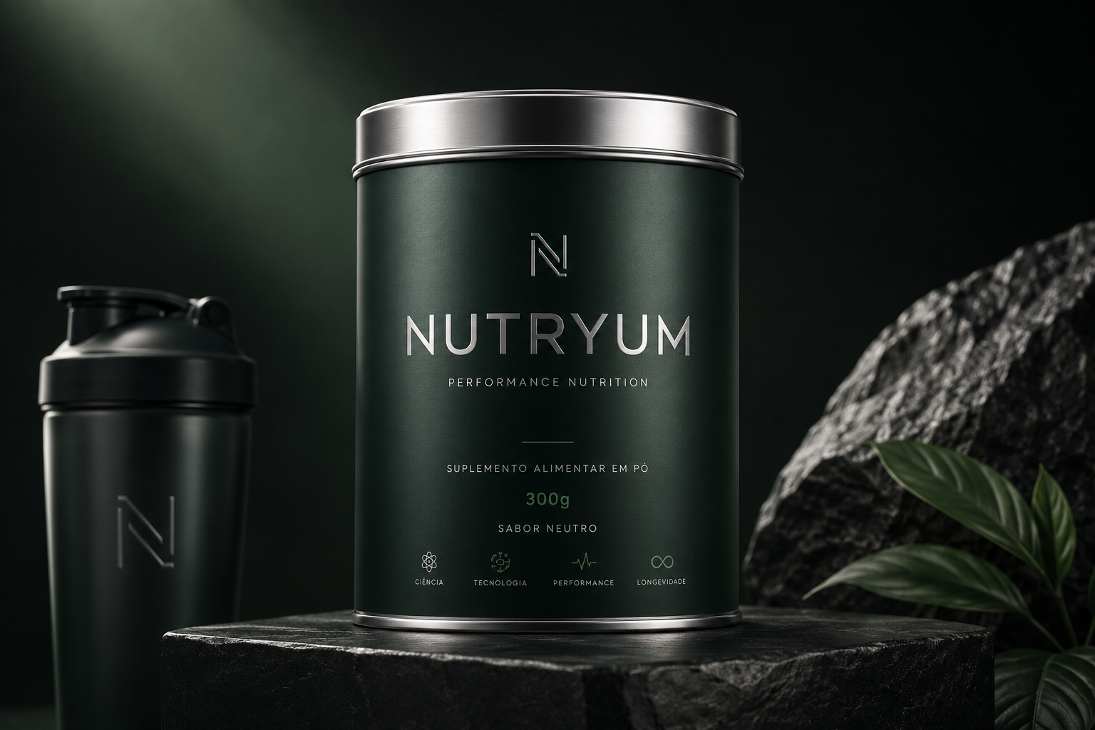 Lata Nutryum verde com acabamento premium sobre pedra escura