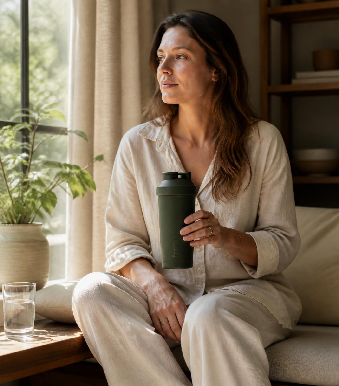 Mulher com shaker Nutryum em ambiente natural iluminado
